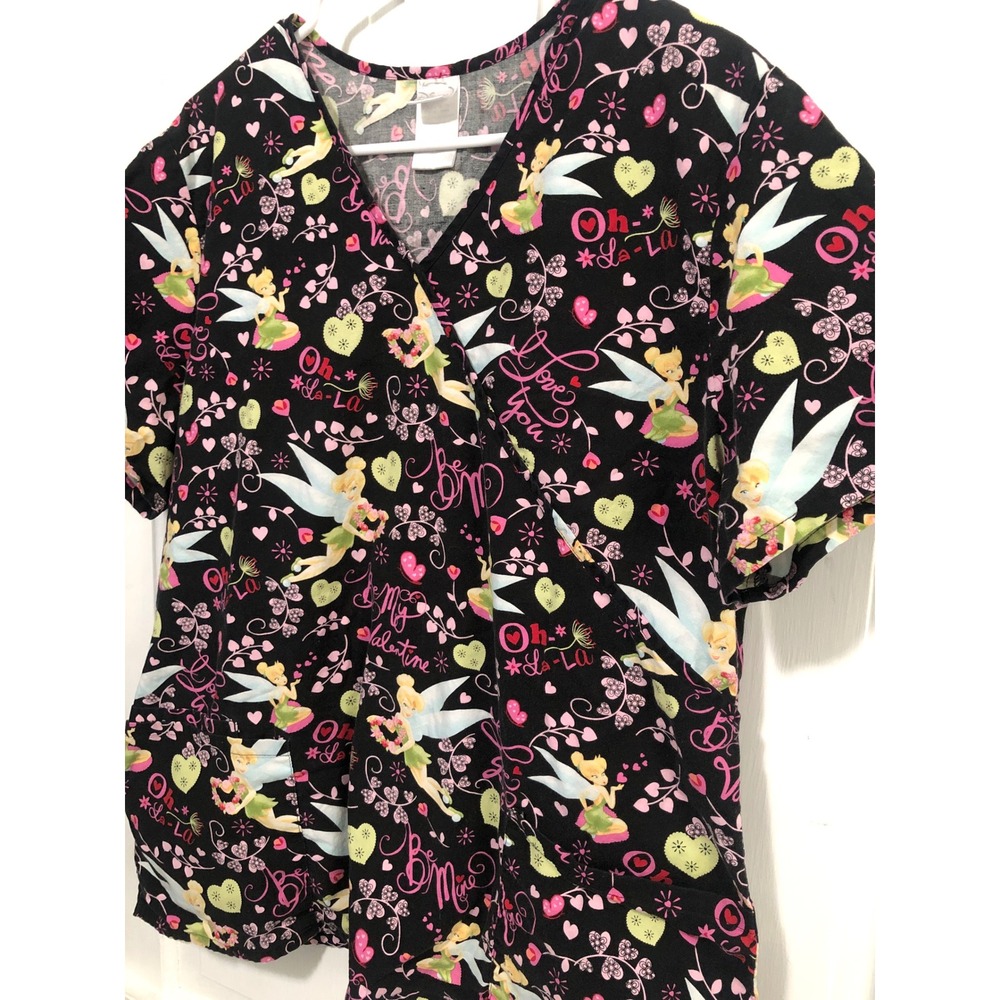 Disney Tinker Bell Fairy Valentine Love Scrub Top Hearts Black Pink Hearts L - Picture 4 of 9
